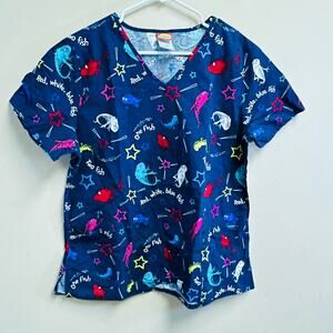 Dr Seuss One Fish 2 Fish Blue Scrub Top Size Large EUC